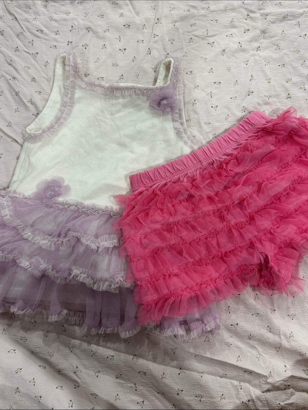 Girls White & Lavender Ruffle Tank with Hot Pink Ruffle Shorts